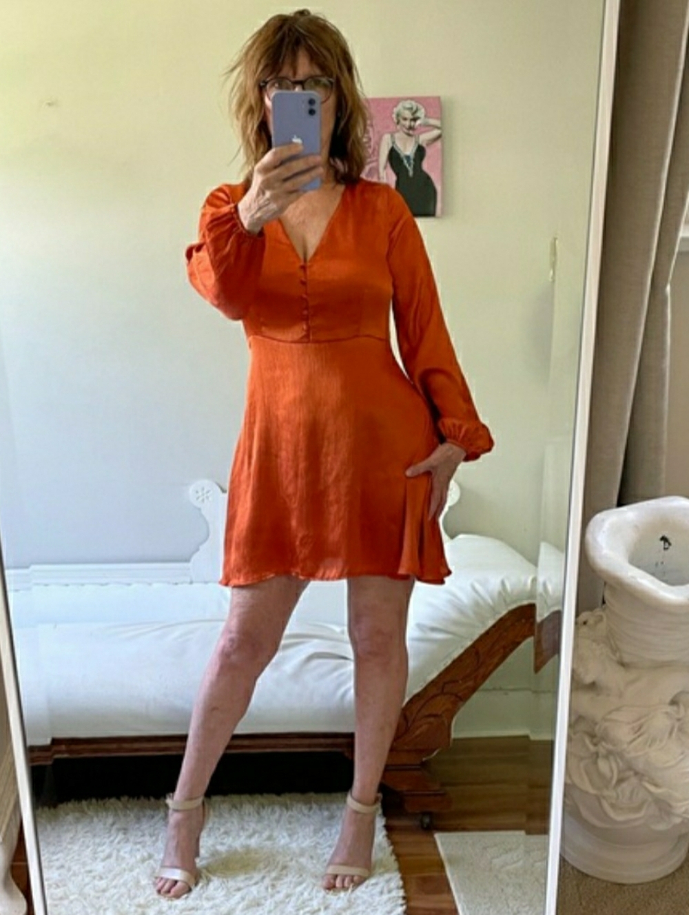 LONG SLEEVE BURNT ORANGE PAPRIKA DRESS V NECK SIDE ZIPPER STRETCH CUFFS BUTTONS